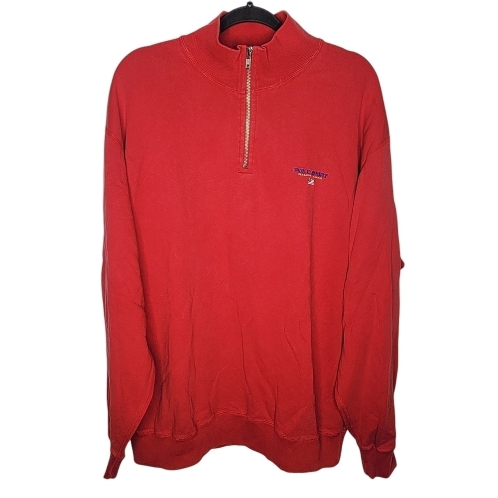 Vintage 90s Polo Sport Ralph Lauren 1/4 Zip Spell Out Sweatshirt in Red Size XL